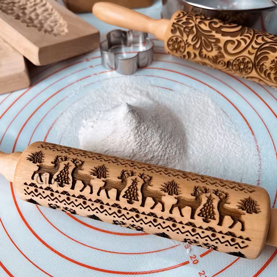 Christmas Embossed Wooden Rolling Pin  3D Engraved Holiday Cookie  Baking Roller 1