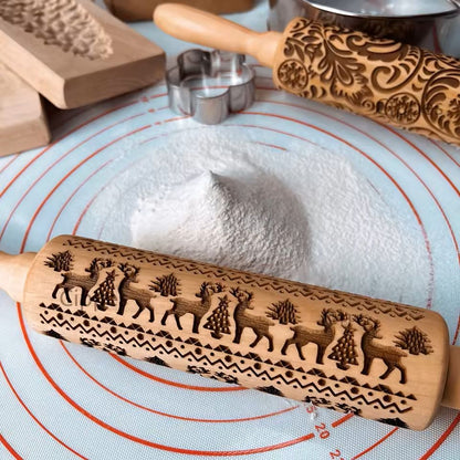 Christmas Embossed Wooden Rolling Pin  3D Engraved Holiday Cookie  Baking Roller 2