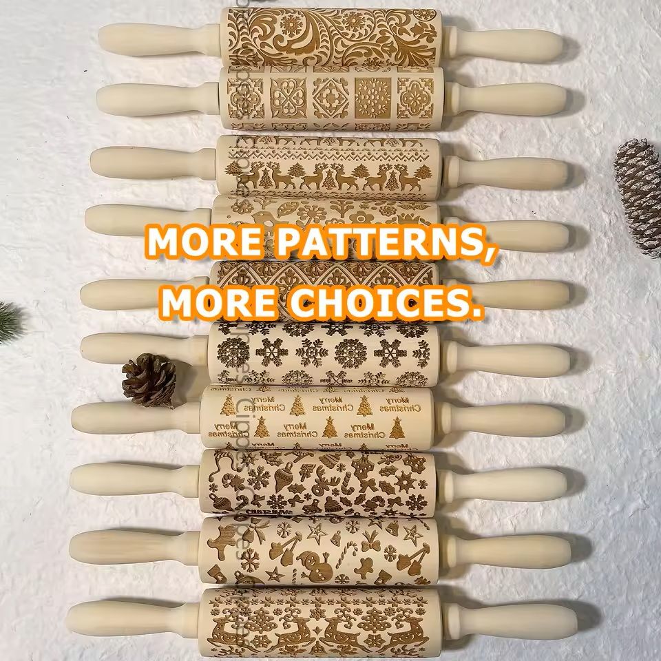 Christmas Embossed Wooden Rolling Pin  3D Engraved Holiday Cookie  Baking Roller 3