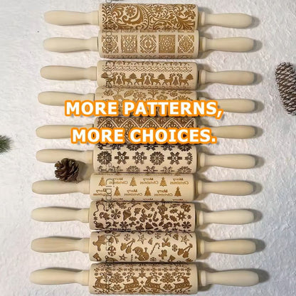 Christmas Embossed Wooden Rolling Pin  3D Engraved Holiday Cookie  Baking Roller 3
