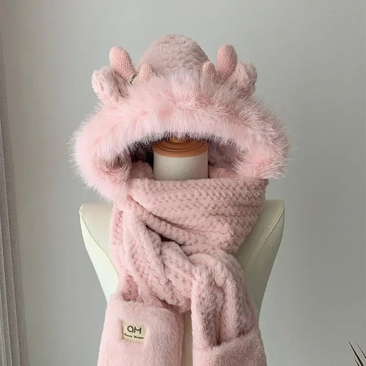 Cozy Elk-Antler Winter Hat & Scarf Glove Set, Plush 3-Piece Womens Winter Accessory Bundle