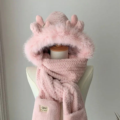 Cozy Elk-Antler Winter Hat & Scarf Glove Set, Plush 3-Piece Womens Winter Accessory Bundle