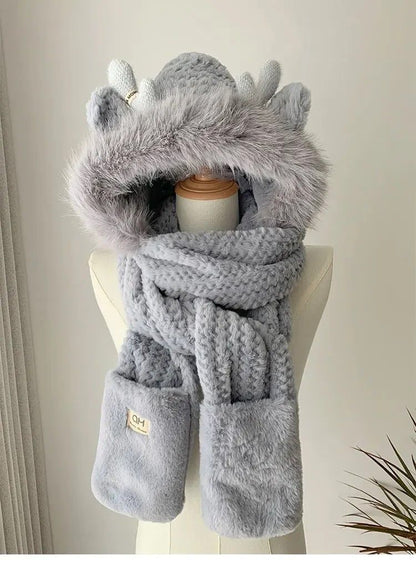 Cozy ElkAntler Winter Hat  Scarf Glove Set Plush 3Piece Womens Winter Accessory Bundle 1