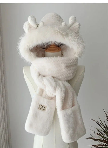 Cozy ElkAntler Winter Hat  Scarf Glove Set Plush 3Piece Womens Winter Accessory Bundle 2