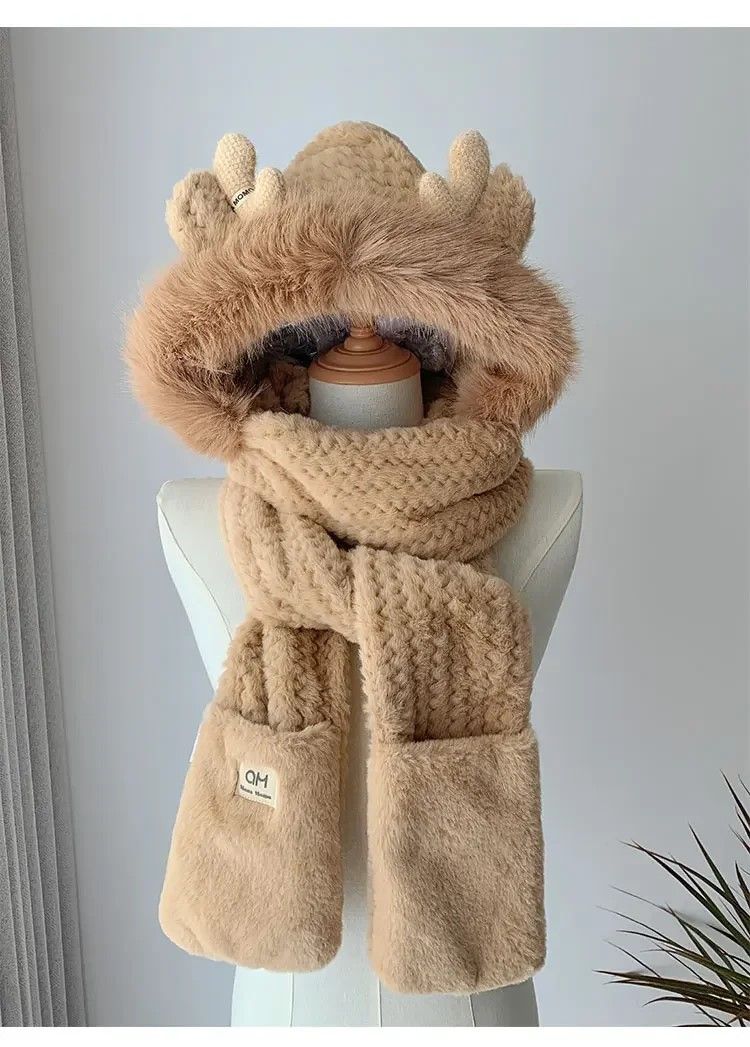 Cozy ElkAntler Winter Hat  Scarf Glove Set Plush 3Piece Womens Winter Accessory Bundle 3