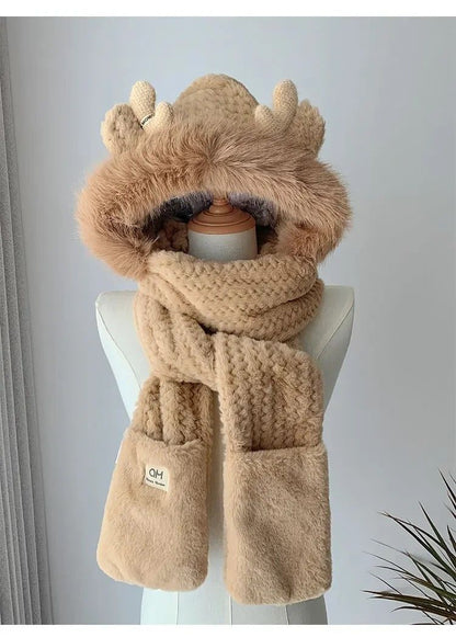 Cozy ElkAntler Winter Hat  Scarf Glove Set Plush 3Piece Womens Winter Accessory Bundle 3