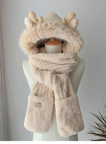 Cozy ElkAntler Winter Hat  Scarf Glove Set Plush 3Piece Womens Winter Accessory Bundle 4