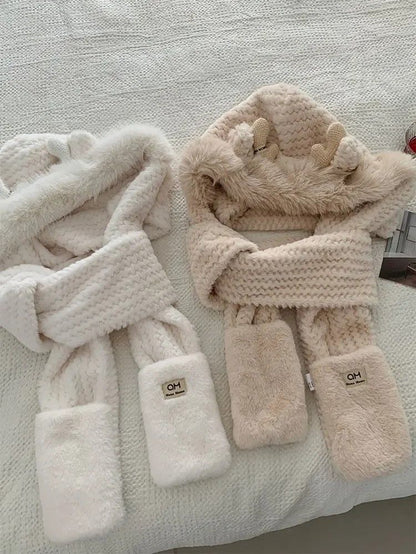 Cozy ElkAntler Winter Hat  Scarf Glove Set Plush 3Piece Womens Winter Accessory Bundle 5
