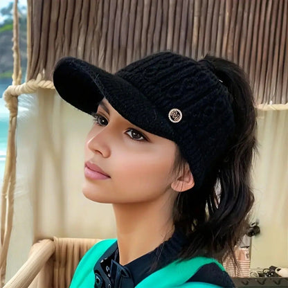 Classic Cozy Ponytail Wool DuckTongue Cap Versatile Winter Knit Hat For Women  Teens 1
