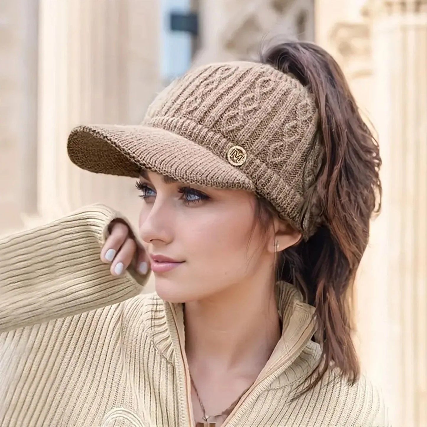 Classic Cozy Ponytail Wool Duck-Tongue Cap, Versatile Winter Knit Hat for Women & Teens