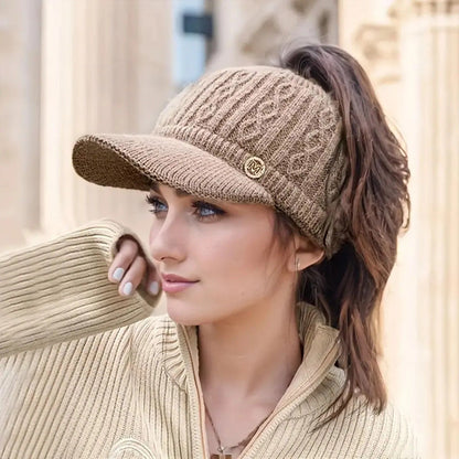 Classic Cozy Ponytail Wool Duck-Tongue Cap, Versatile Winter Knit Hat for Women & Teens