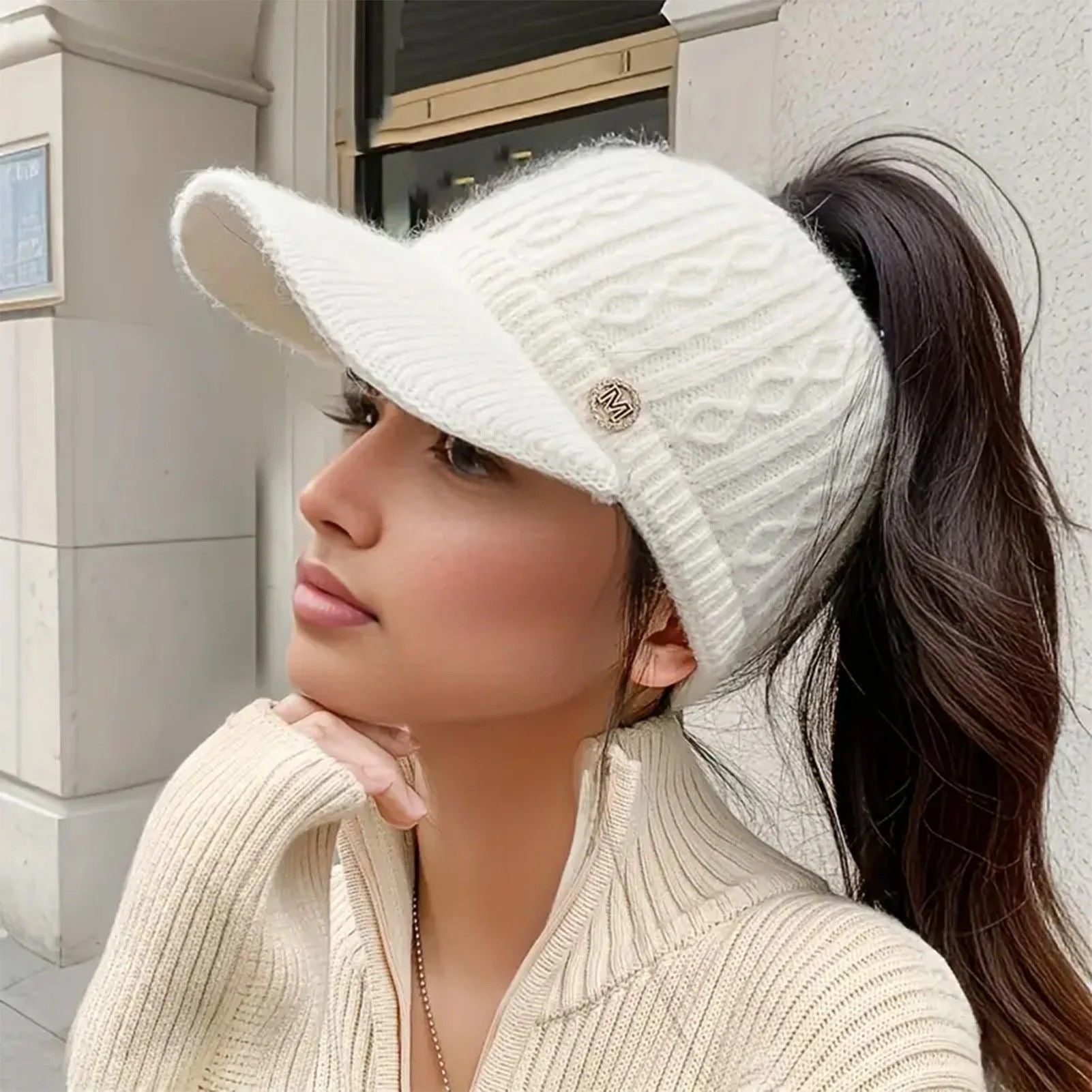 Classic Cozy Ponytail Wool DuckTongue Cap Versatile Winter Knit Hat For Women  Teens 3