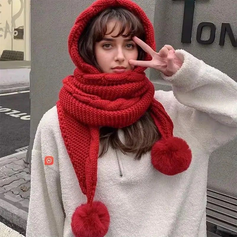 FrostLuxe Womens Thermal Knit Pom Beanie & Integrated Balaclava Scarf Set