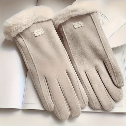 Comfortable beige gloves, plush-lined touchscreen winter gloves, warm thick protection for outdoor leisure