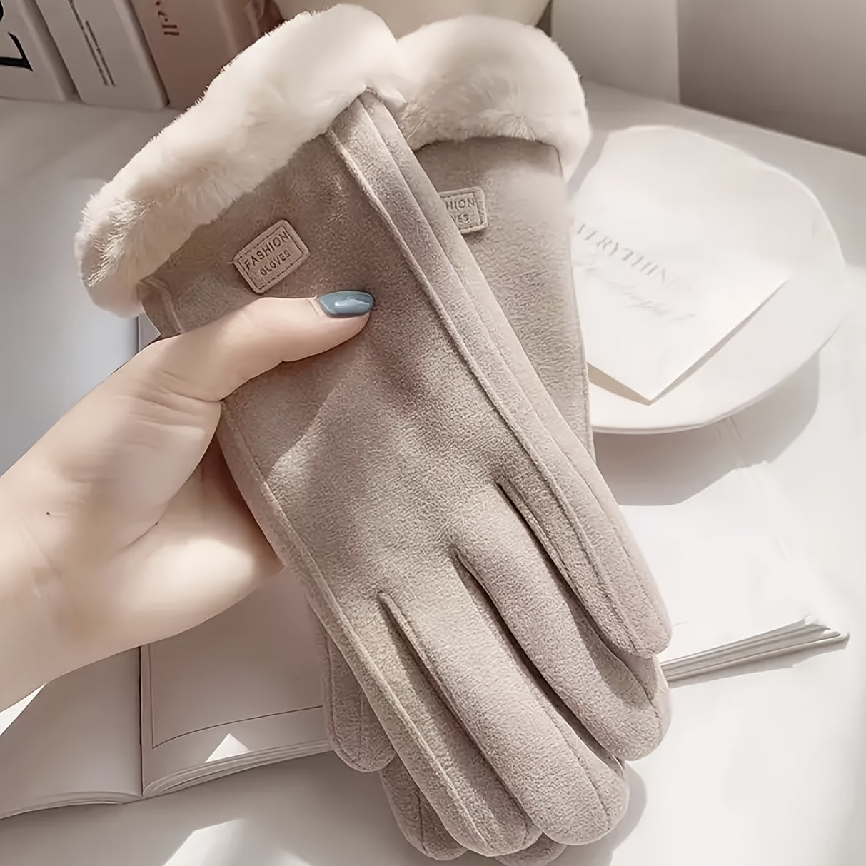 Comfortable beige gloves, plush-lined touchscreen winter gloves, warm thick protection for outdoor leisure