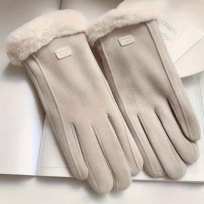 Comfortable beige gloves, plush-lined touchscreen winter gloves, warm thick protection for outdoor leisure