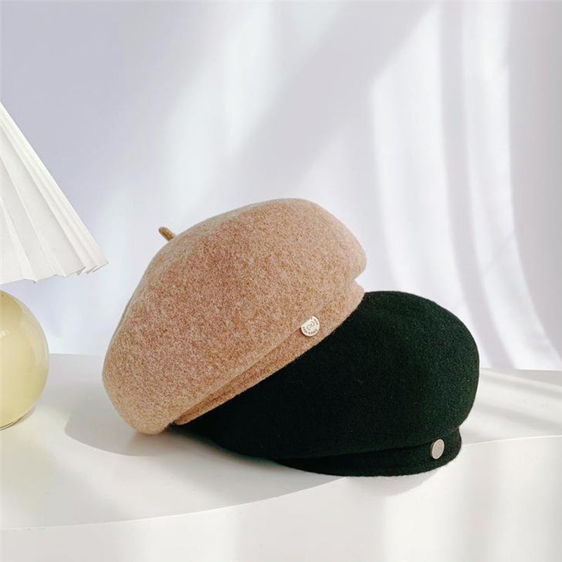 Felt Autumn Solid Colors Warm Winter, Women French Art Retro Wool, Beret Cap Beanie Hat For Female