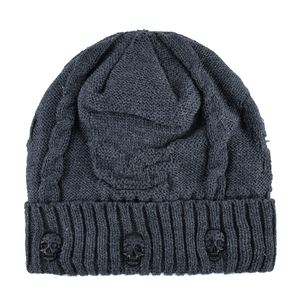 Winter Beanies Men Knitted Skull Pattern Solid Color Hat With Metal Skulls Skullies Beanies Men's Knit Thick Hats