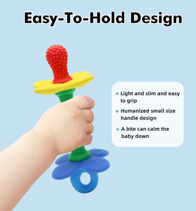 Safe Soft Chewing Toy for Soothing Sore Gums, New 2 in 1 Baby Silicone Flower Teether, BPA Free Easy to Hold Teething