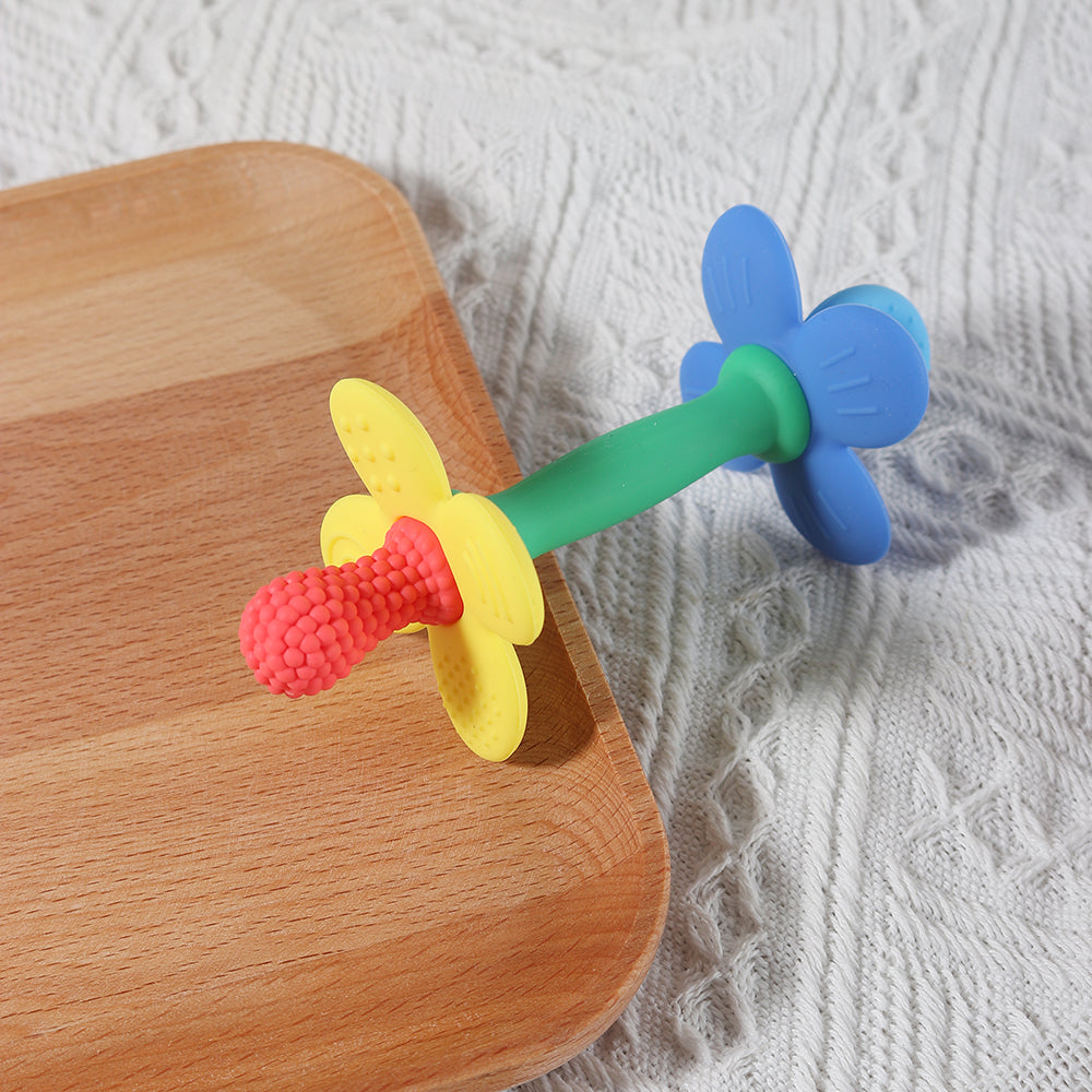 Safe Soft Chewing Toy for Soothing Sore Gums, New 2 in 1 Baby Silicone Flower Teether, BPA Free Easy to Hold Teething