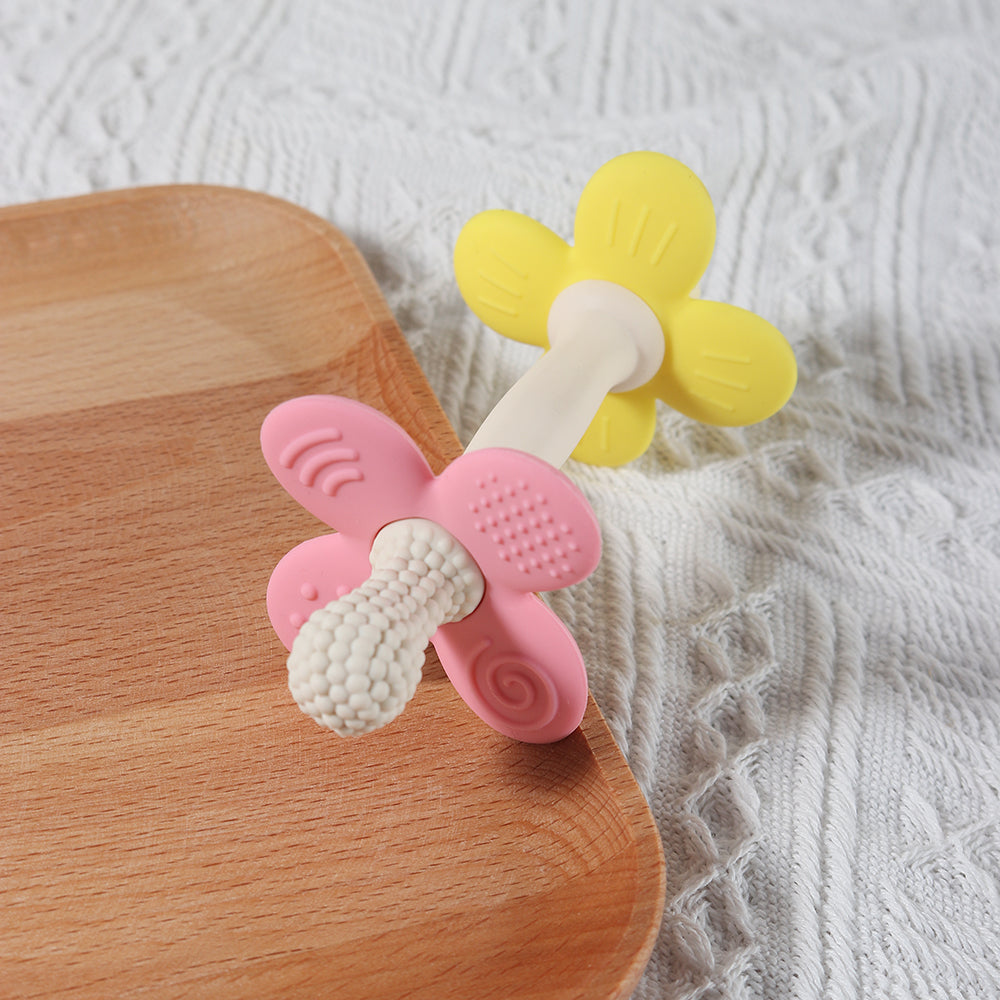 Safe Soft Chewing Toy for Soothing Sore Gums, New 2 in 1 Baby Silicone Flower Teether, BPA Free Easy to Hold Teething