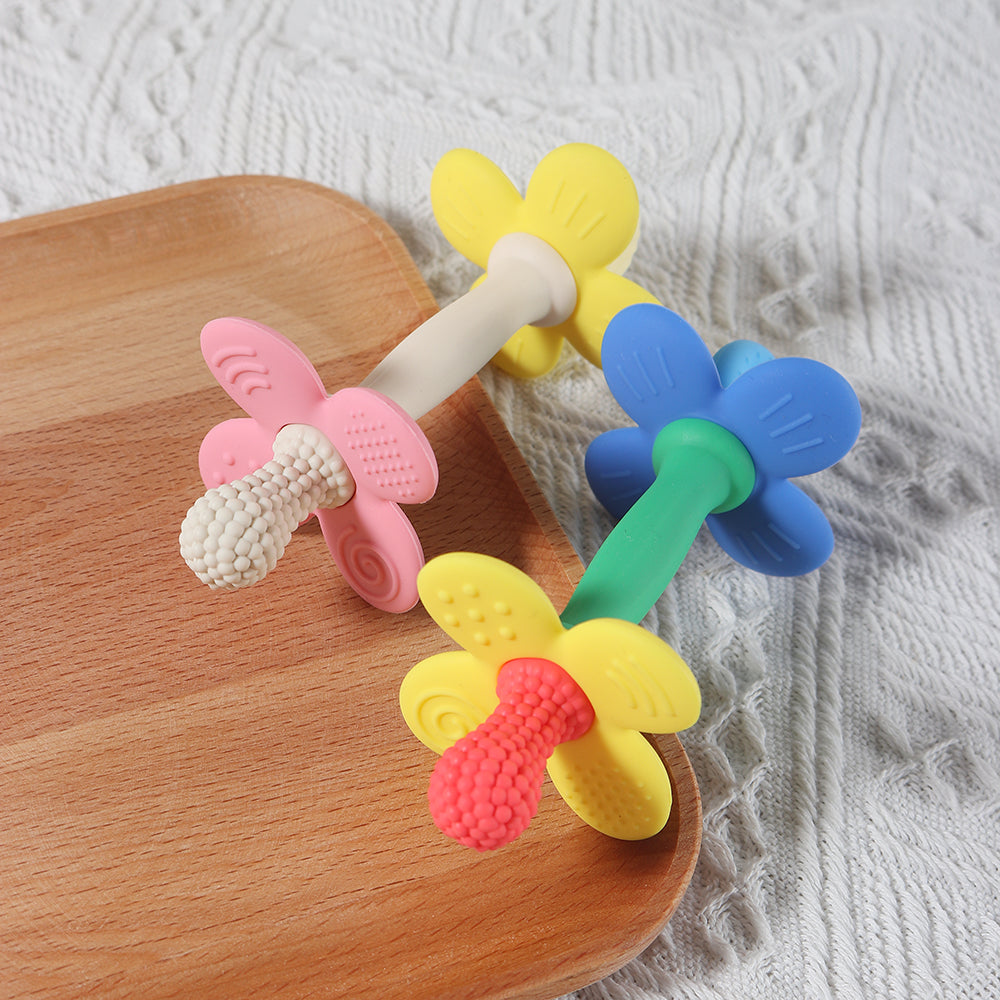 Safe Soft Chewing Toy for Soothing Sore Gums, New 2 in 1 Baby Silicone Flower Teether, BPA Free Easy to Hold Teething