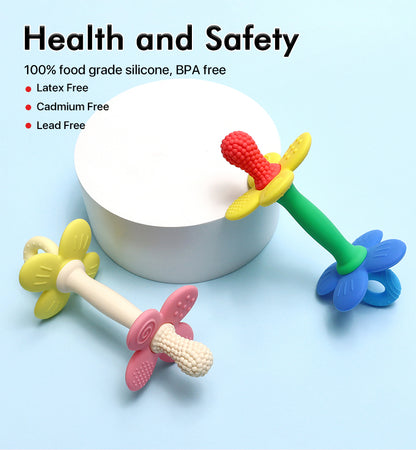 Safe Soft Chewing Toy for Soothing Sore Gums, New 2 in 1 Baby Silicone Flower Teether, BPA Free Easy to Hold Teething