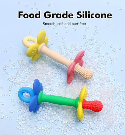 Safe Soft Chewing Toy for Soothing Sore Gums, New 2 in 1 Baby Silicone Flower Teether, BPA Free Easy to Hold Teething