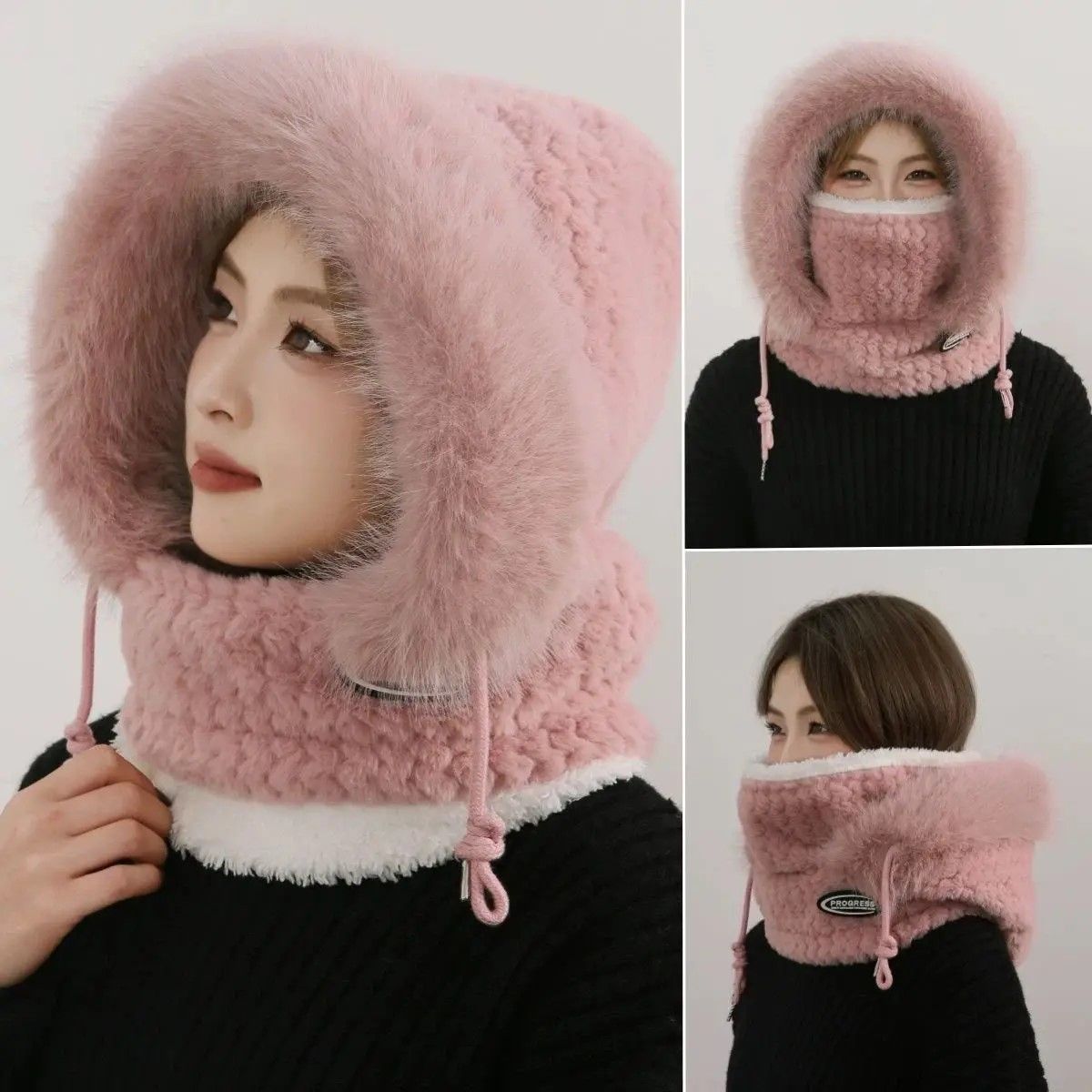 CozyShield Womens 3in1 Winter Thermal Plush Hood Scarf Mask Windproof EarProtection Hat 1