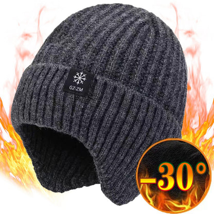 Velvet Warm Ear Hood Integrated Hat, Outdoor Men Winter Knitted Hat, Outdoor Sports Bicycle Skiing Running Cold Cap
