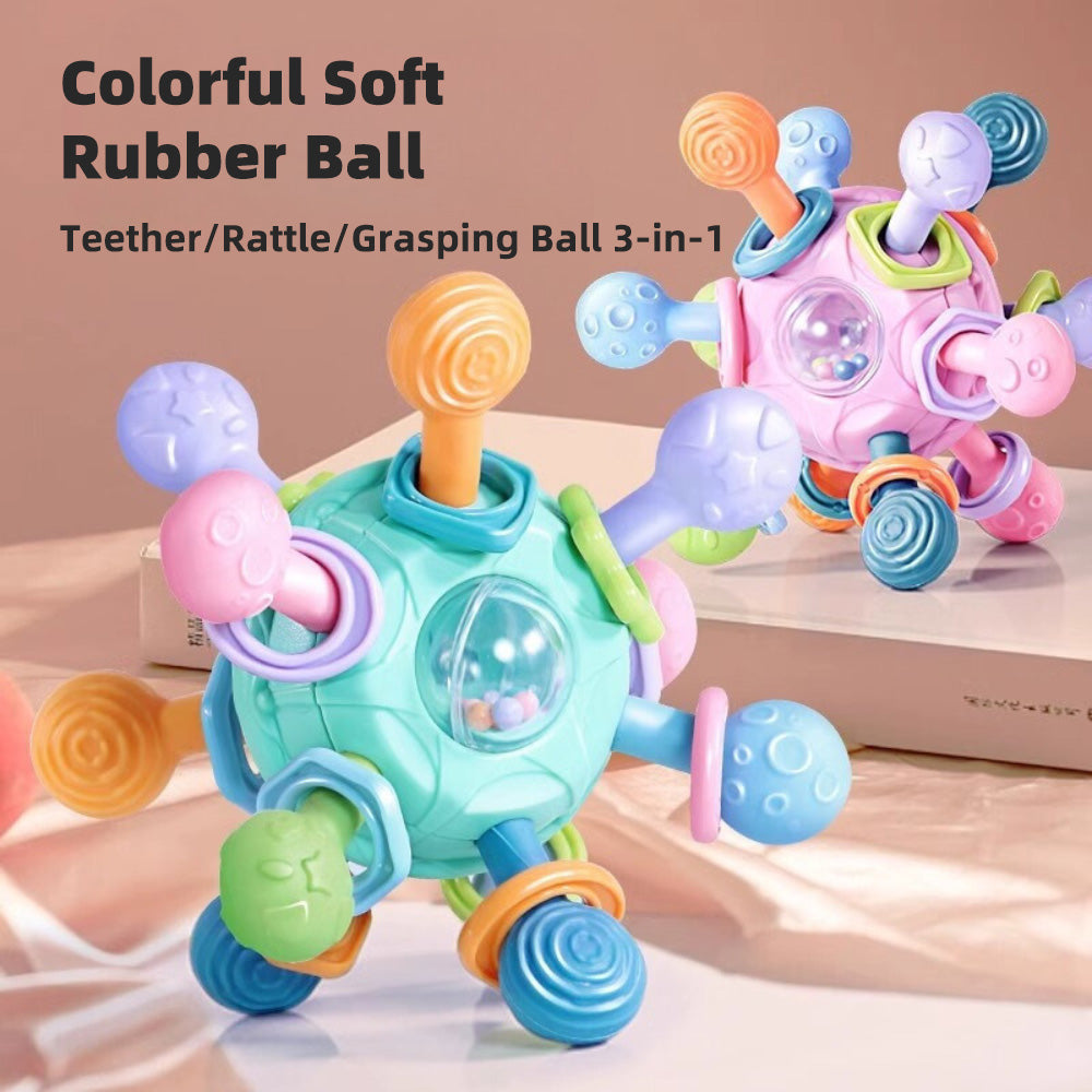 3 in 1 Teether and Rattle, Baby Manhattan Grasping Ball for Early Education, Soft Rubber Grasping Toy