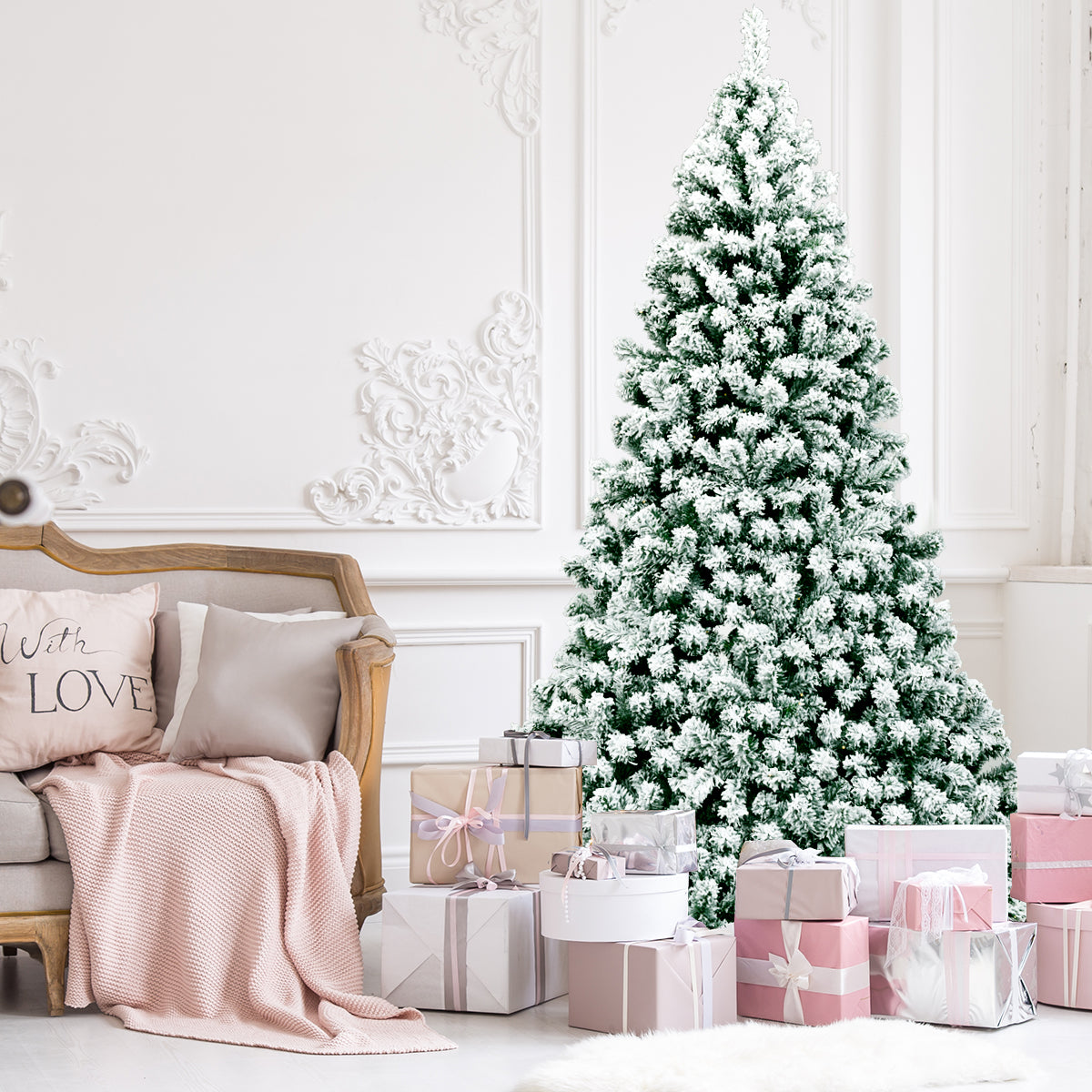 Christmas Tree Premium Snow Flocked Hinged Design Pre Lit Artificial Tree With Lights Holiday Style 3