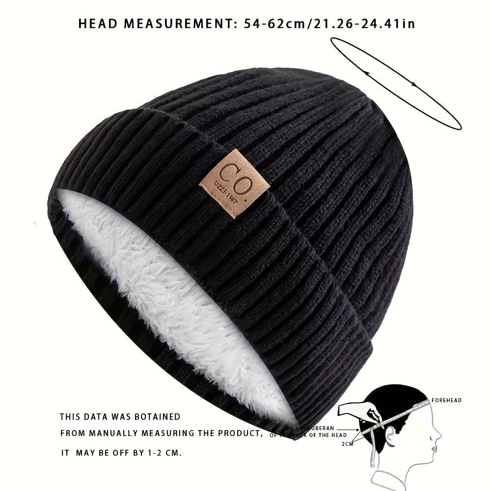 Navy Blue And White Striped Winter Hat Leather Patch Beanie Mens Sports Knitted Hat Soft Warm Knit  1