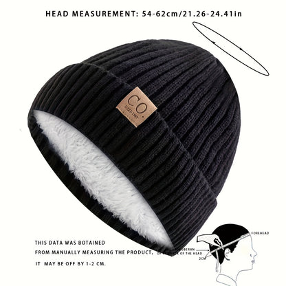 Navy Blue And White Striped Winter Hat Leather Patch Beanie Mens Sports Knitted Hat Soft Warm Knit  1