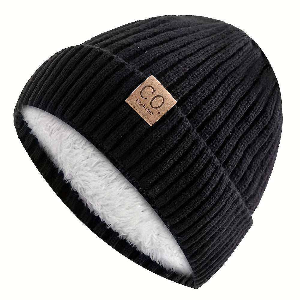 Navy Blue And White Striped Winter Hat Leather Patch Beanie Mens Sports Knitted Hat Soft Warm Knit  2