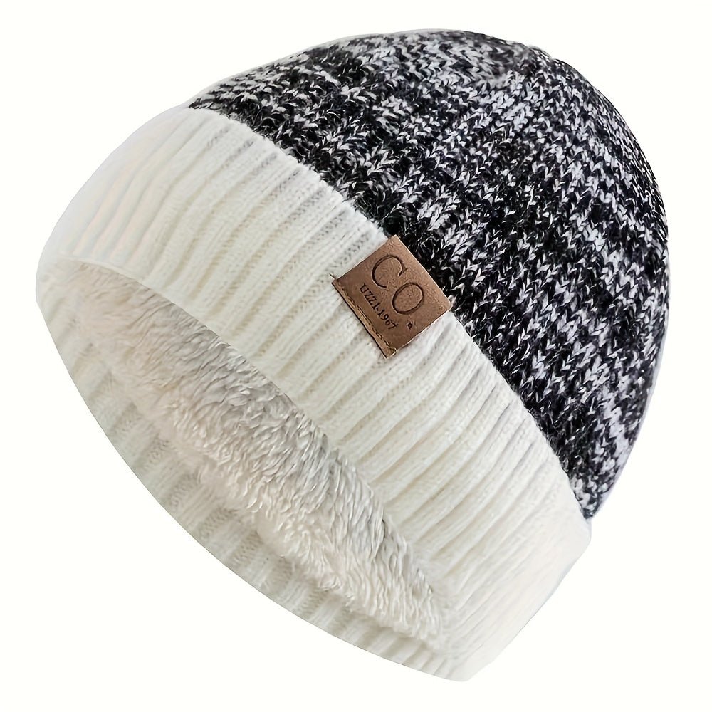 Navy Blue And White Striped Winter Hat Leather Patch Beanie Mens Sports Knitted Hat Soft Warm Knit  3