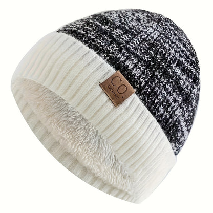 Navy Blue And White Striped Winter Hat Leather Patch Beanie Mens Sports Knitted Hat Soft Warm Knit  3