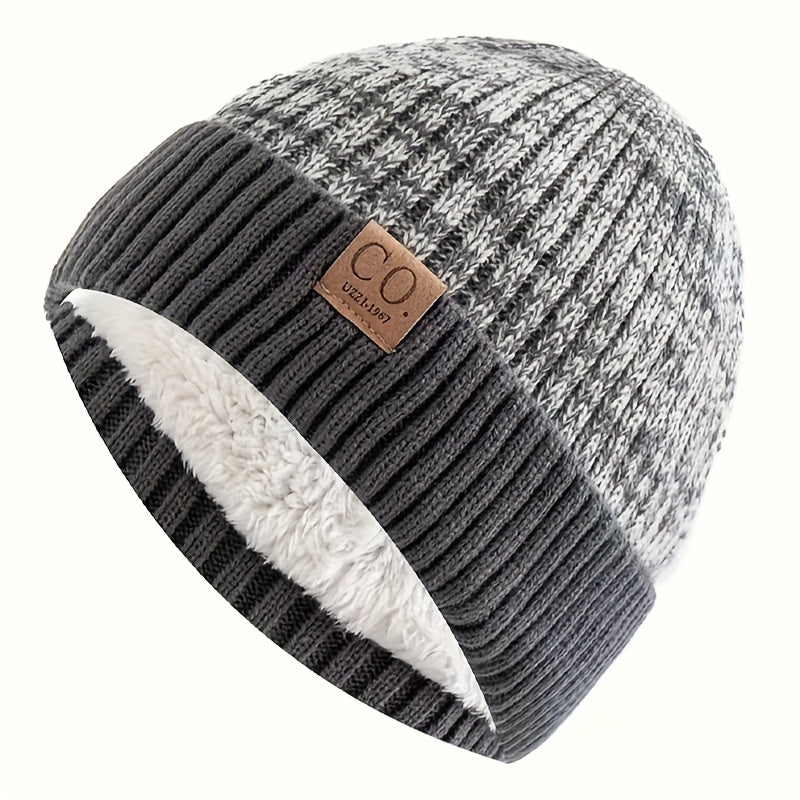 Navy Blue And White Striped Winter Hat Leather Patch Beanie Mens Sports Knitted Hat Soft Warm Knit  4