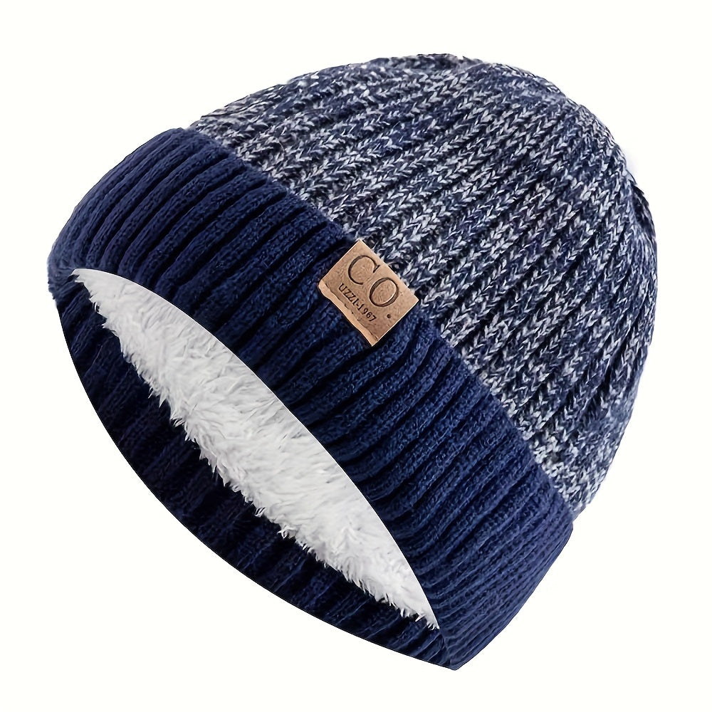 Navy Blue And White Striped Winter Hat Leather Patch Beanie Mens Sports Knitted Hat Soft Warm Knit  5