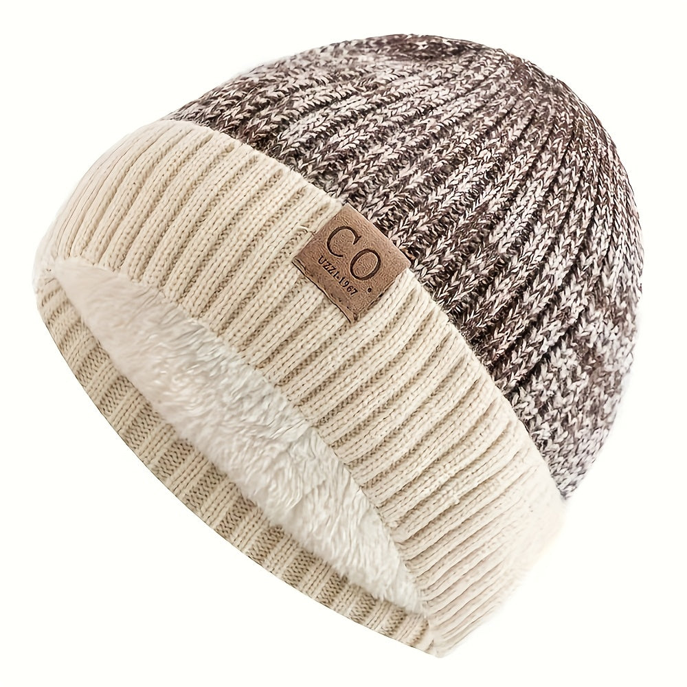 Navy Blue And White Striped Winter Hat Leather Patch Beanie Mens Sports Knitted Hat Soft Warm Knit  6