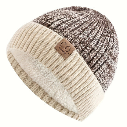 Navy Blue And White Striped Winter Hat Leather Patch Beanie Mens Sports Knitted Hat Soft Warm Knit  6