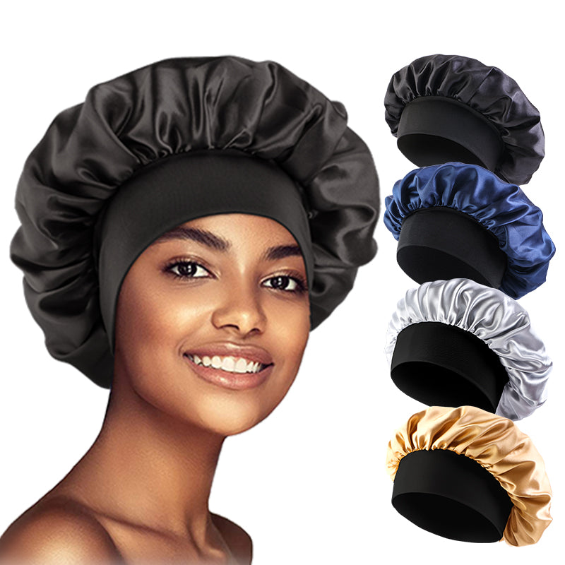 Women Satin Solid Bonnets, Wide Brimmed Sleeping Hat, Hair Care Bonnet, Unisex Head Wrap, Elastic Band Bathing Cap