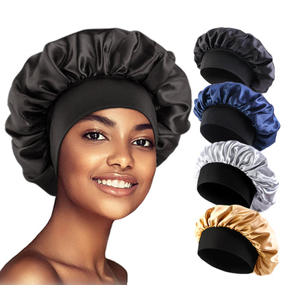 Women Satin Solid Bonnets, Wide Brimmed Sleeping Hat, Hair Care Bonnet, Unisex Head Wrap, Elastic Band Bathing Cap