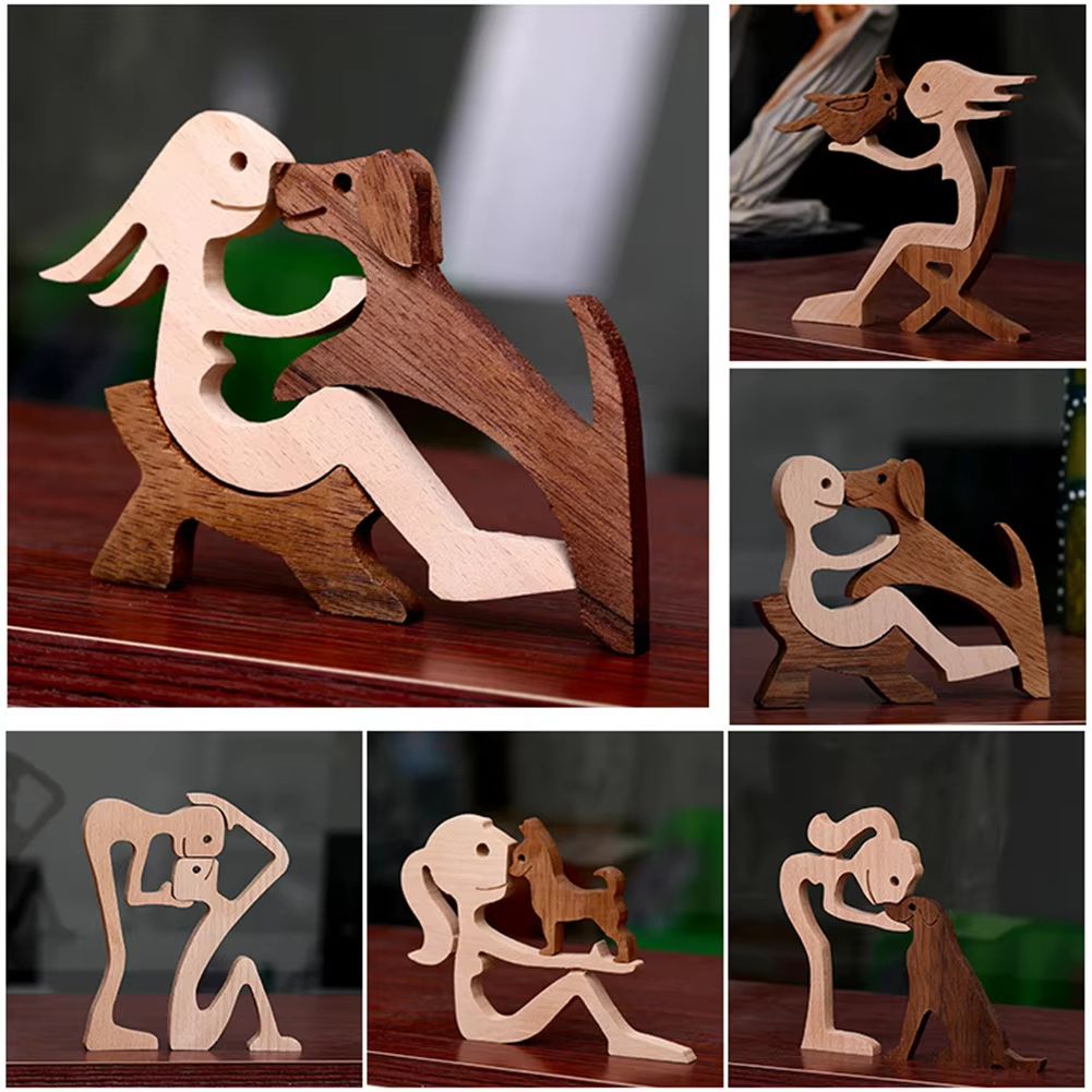 Family Puppy Wood Dog Craft Figurine Desk Ornament