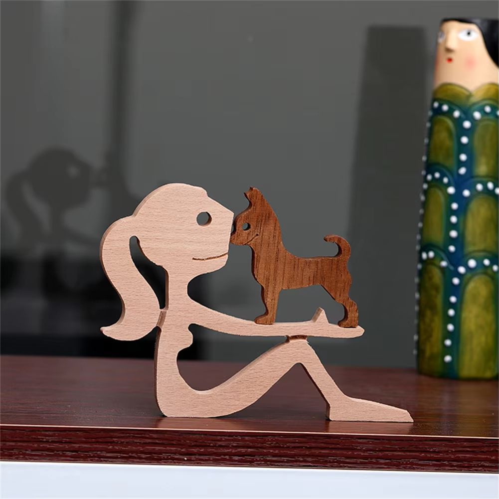 Family Puppy Wood Dog Craft Figurine Desk Ornament 4