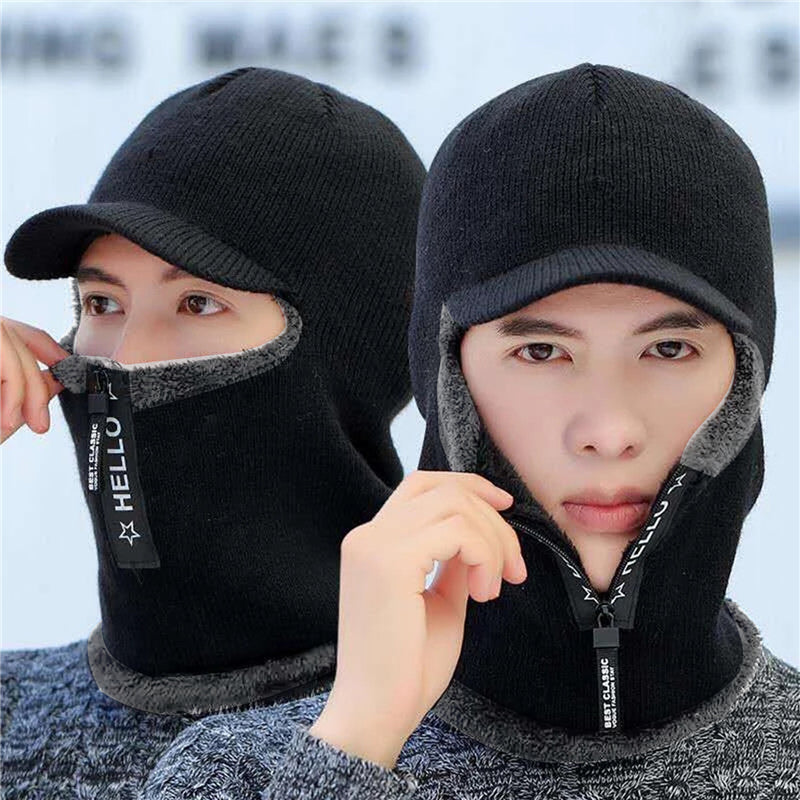 New Men Winter Warm Wool Hat, Warm Thick Knitted Cap, Outdoor Ear Protection Hats, Bicycle Scarf Windproof Visors Cap