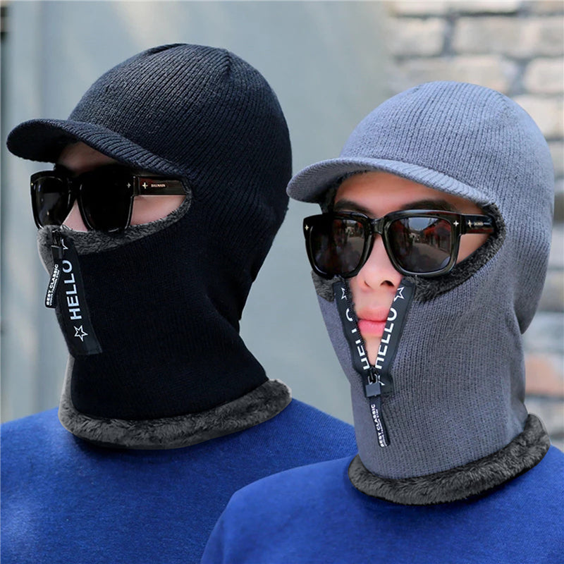 New Men Winter Warm Wool Hat, Warm Thick Knitted Cap, Outdoor Ear Protection Hats, Bicycle Scarf Windproof Visors Cap