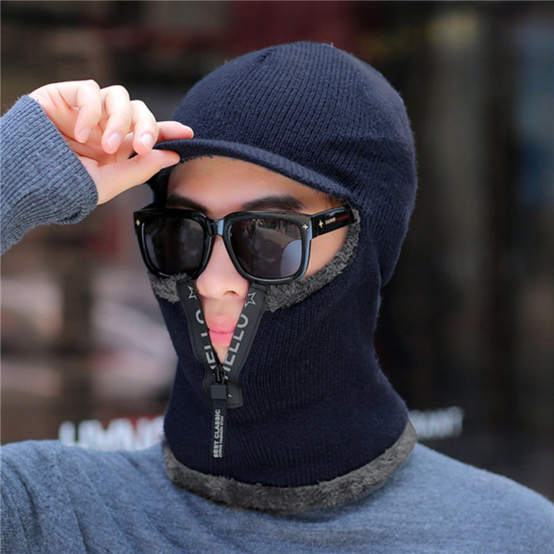 New Men Winter Warm Wool Hat, Warm Thick Knitted Cap, Outdoor Ear Protection Hats, Bicycle Scarf Windproof Visors Cap