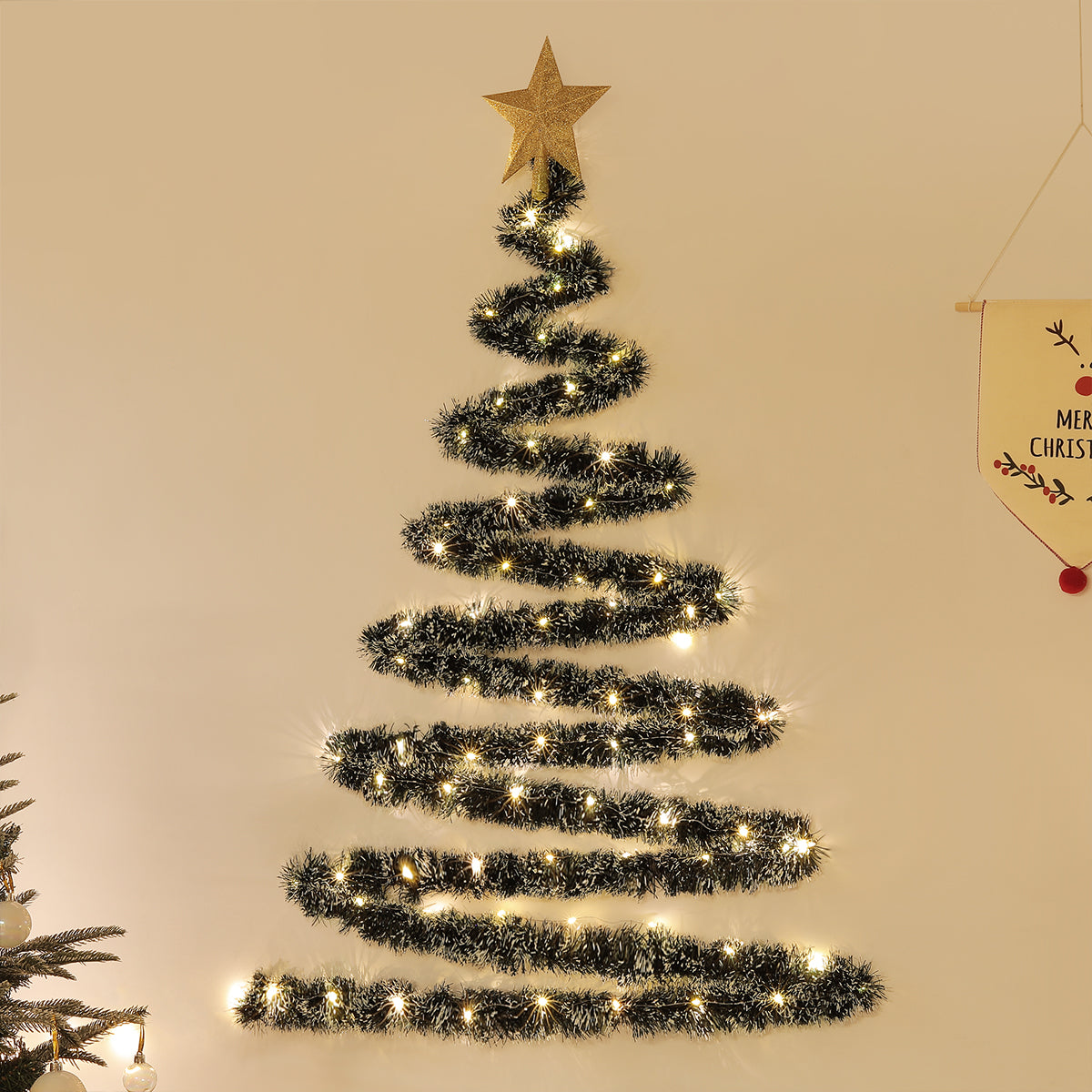 Flocked Christmas Tree, Star Decoration Lights, Pearl Tree Topper, Party Background Wall Arrangement Suitable for Walls