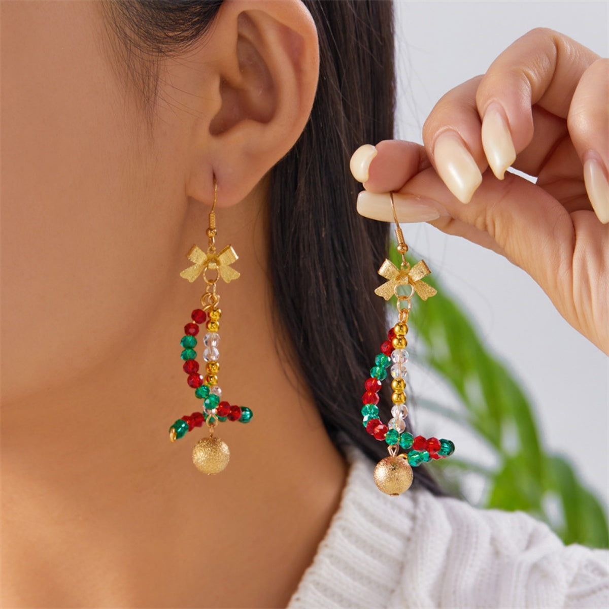 Creative Christmas Rice Crystal Bead Bowknot Snowflake Bells Drop Earrings Unique Xmas Paert Holiday Jewelry Gift For Women Men